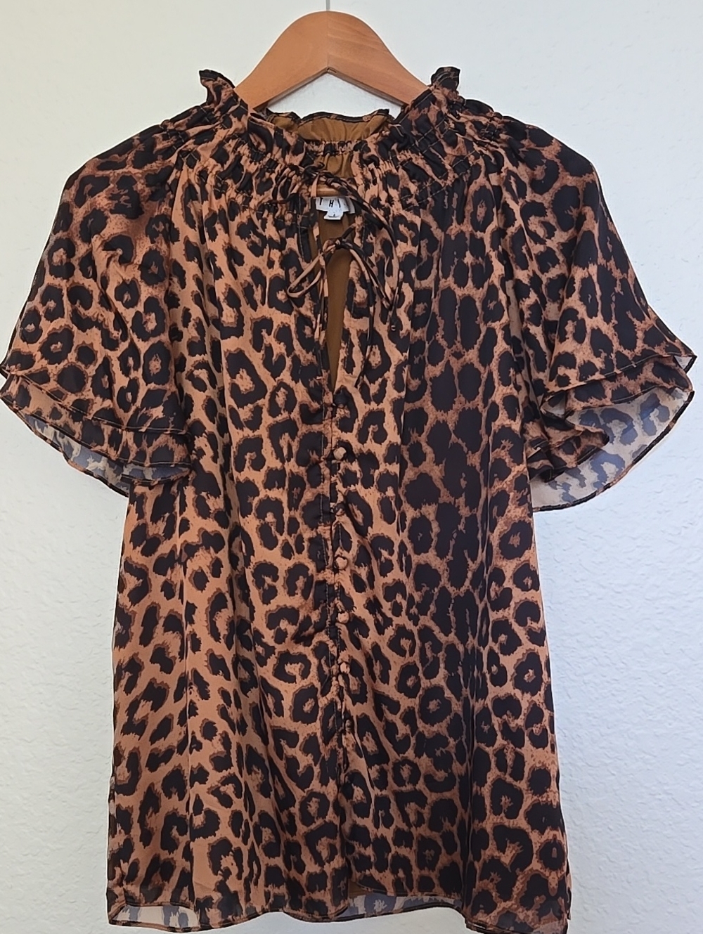 THML Leopard-Print Double Tie-Neck Blouse With Ruffle Sleeves